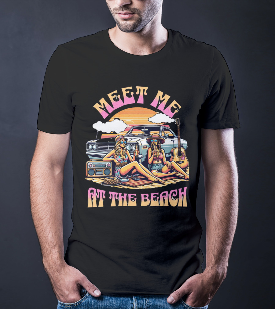 Meet Me At The Beach Sunset Paradise With Classic Car And Guitar T-Shirt