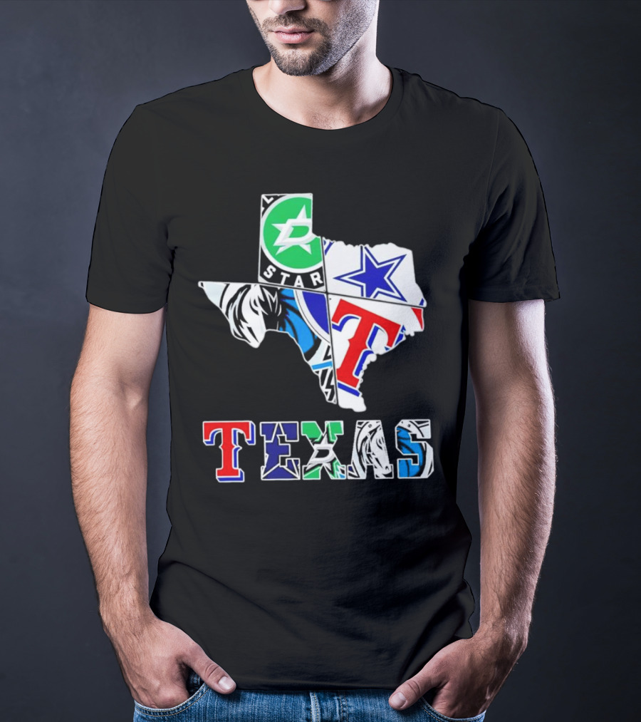 Dallas Hockey Cowboys Rangers Mavericks Texas Map T-Shirt