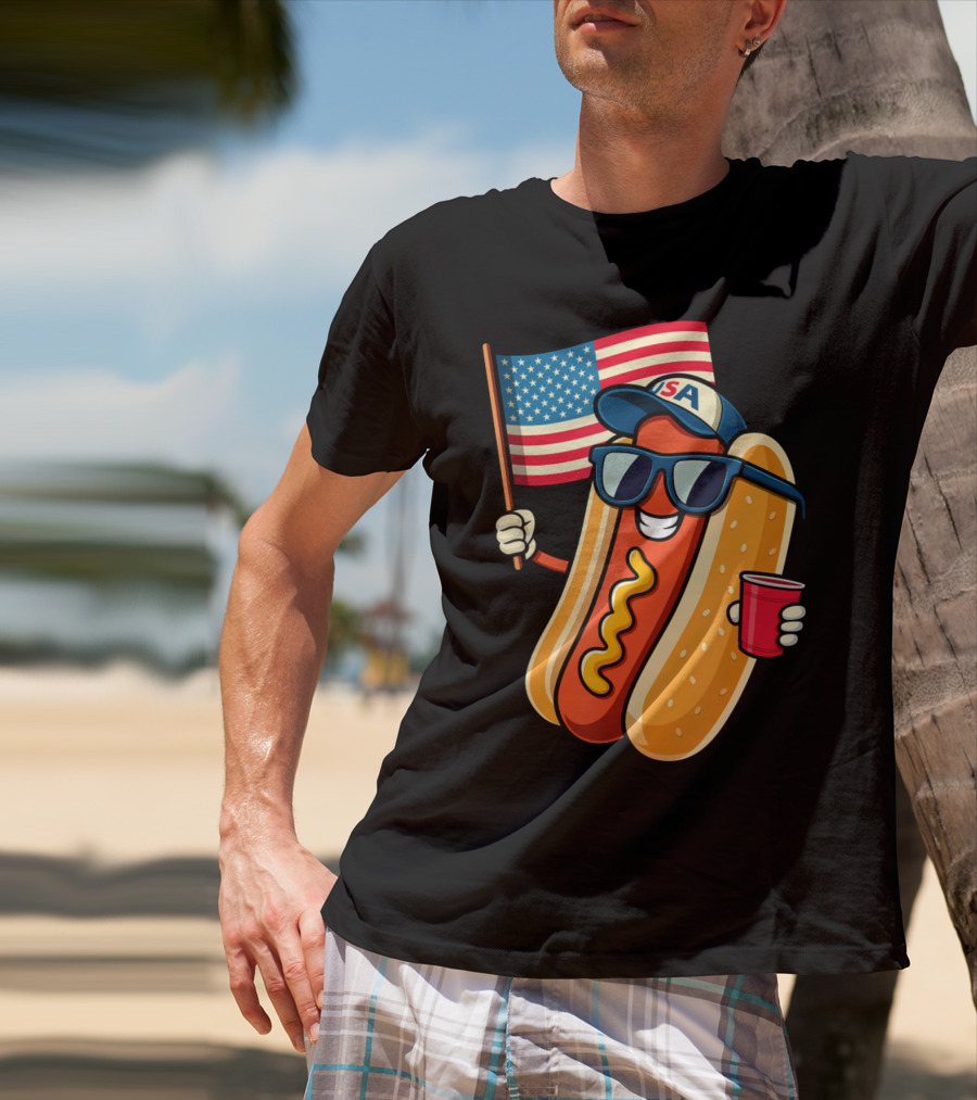 Fourth Of July USA Hotdog With American Flag And Sunglasses T-Shirt