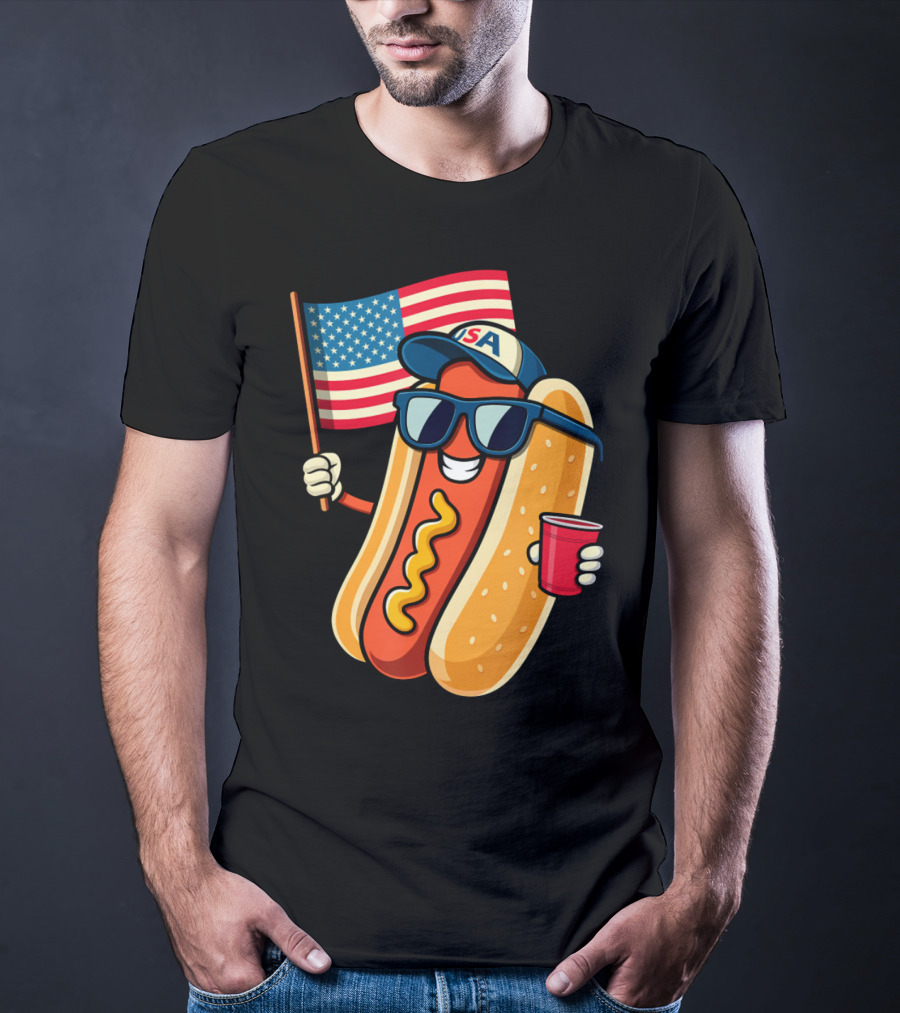 Fourth Of July USA Hotdog With American Flag And Sunglasses T-Shirt