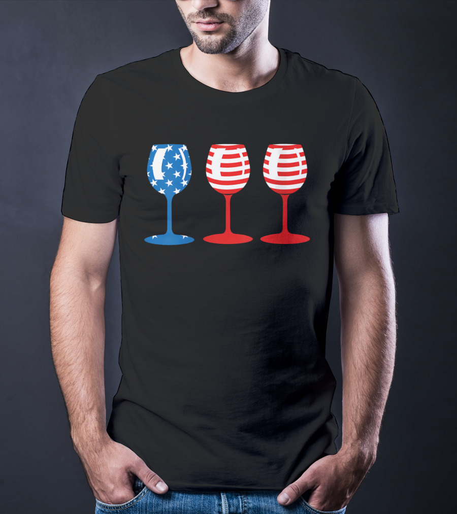 American Flag Fourth Of July Wine Glass Trio Stars And Stripes Patriotic T-Shirt