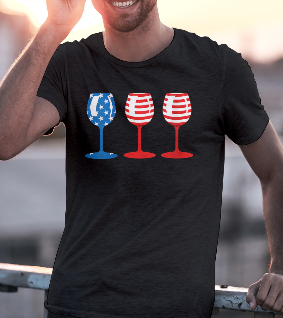 American Flag Fourth Of July Wine Glass Trio Stars And Stripes Patriotic T-Shirt