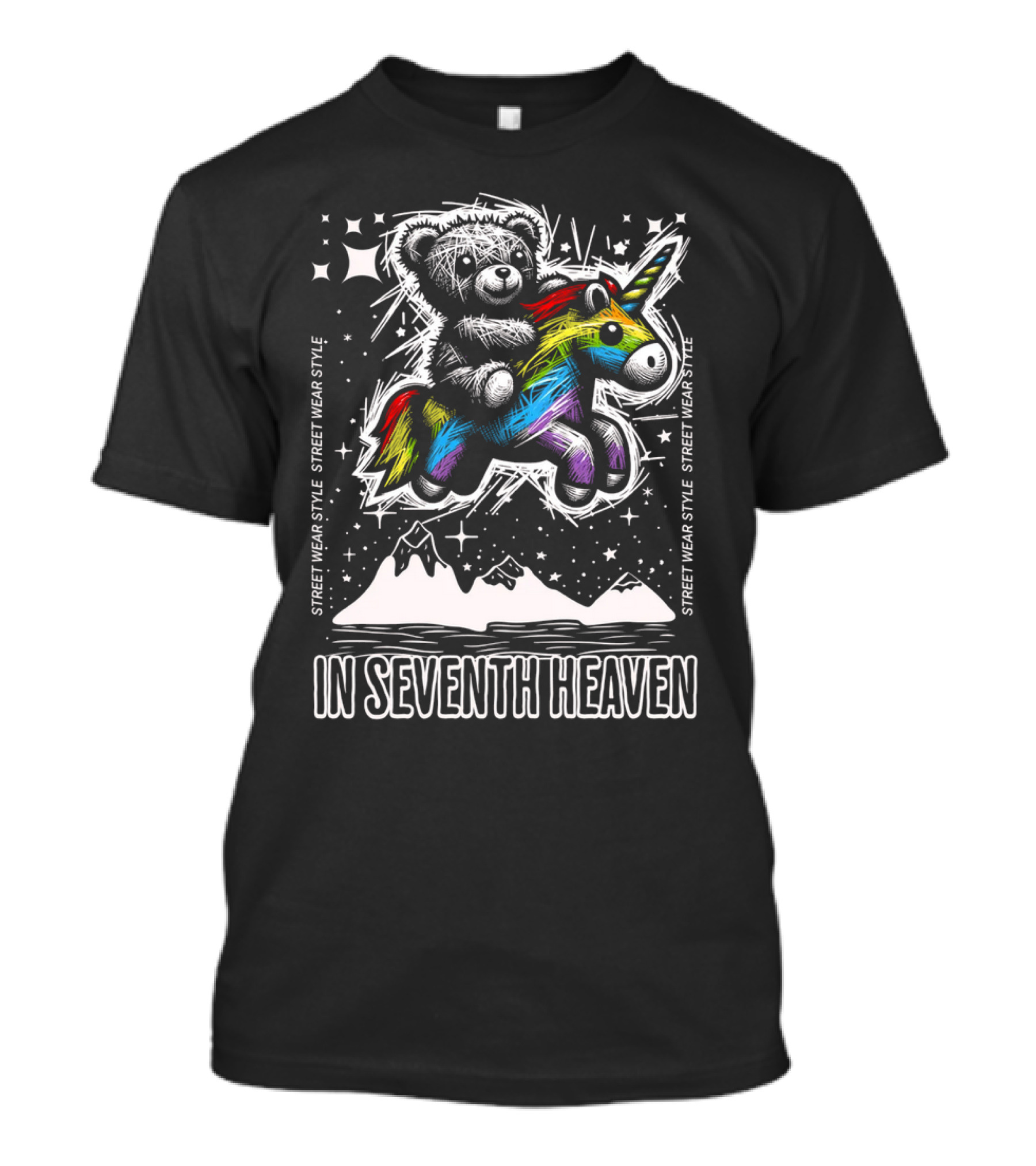 STREET WEAR STYLE Teddy And Rainbow Unicorn Adventure In Seventh Heaven T-Shirt