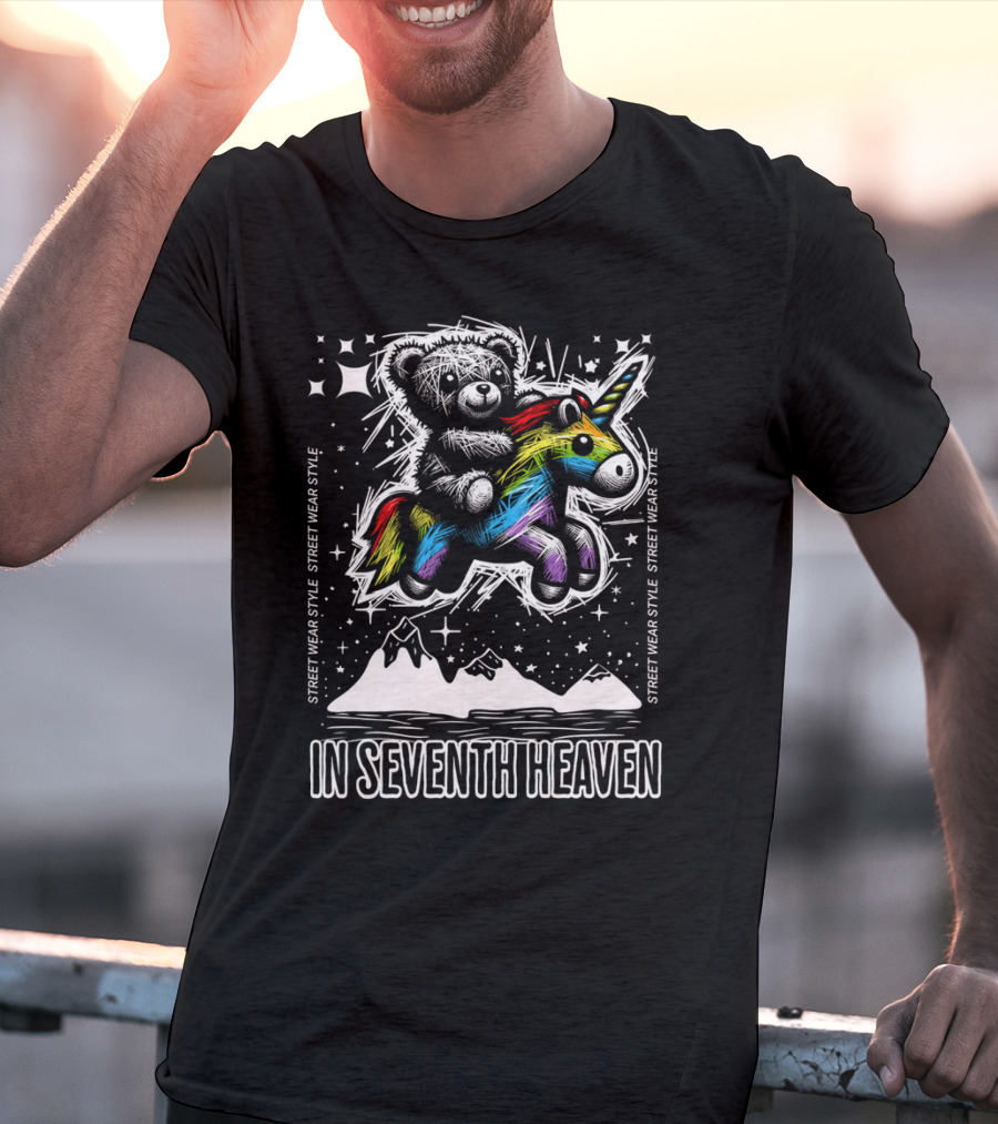 STREET WEAR STYLE Teddy And Rainbow Unicorn Adventure In Seventh Heaven T-Shirt
