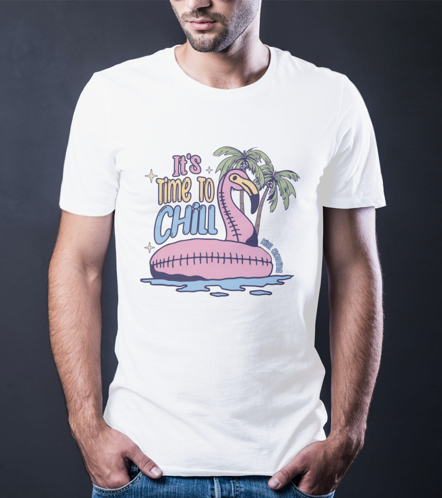 It's Time To Chill Flamingo Palm Trees Ocean Keith Owings T-Shirt
