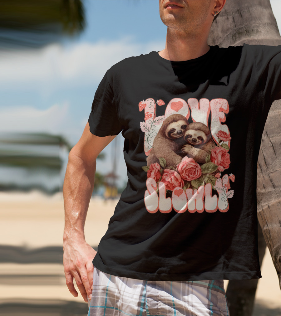 Love Slowly Sloth Couple Romance Valentine Heart Roses T-Shirt