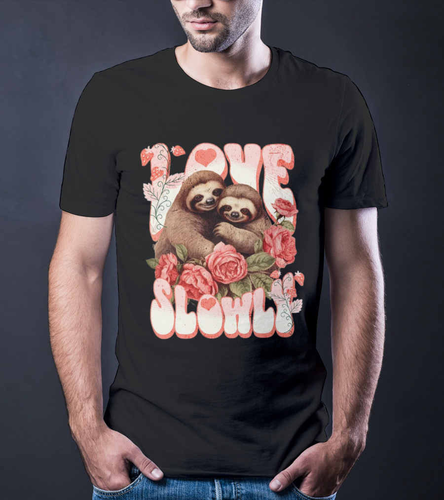 Love Slowly Sloth Couple Romance Valentine Heart Roses T-Shirt