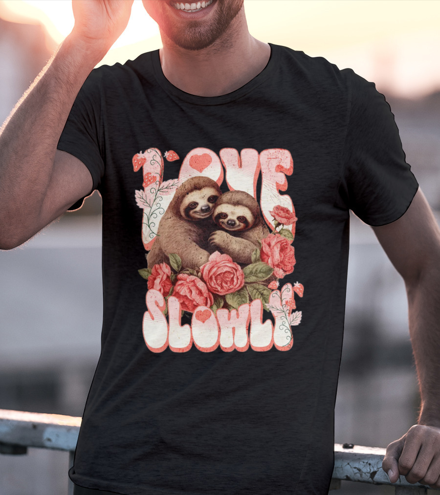 Love Slowly Sloth Couple Romance Valentine Heart Roses T-Shirt