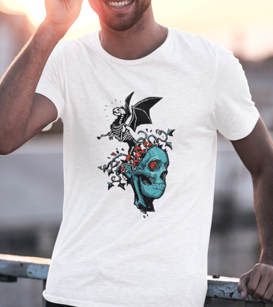 Scott Buoncristiano Skeleton Head With Dragon And Red Accents T-Shirt