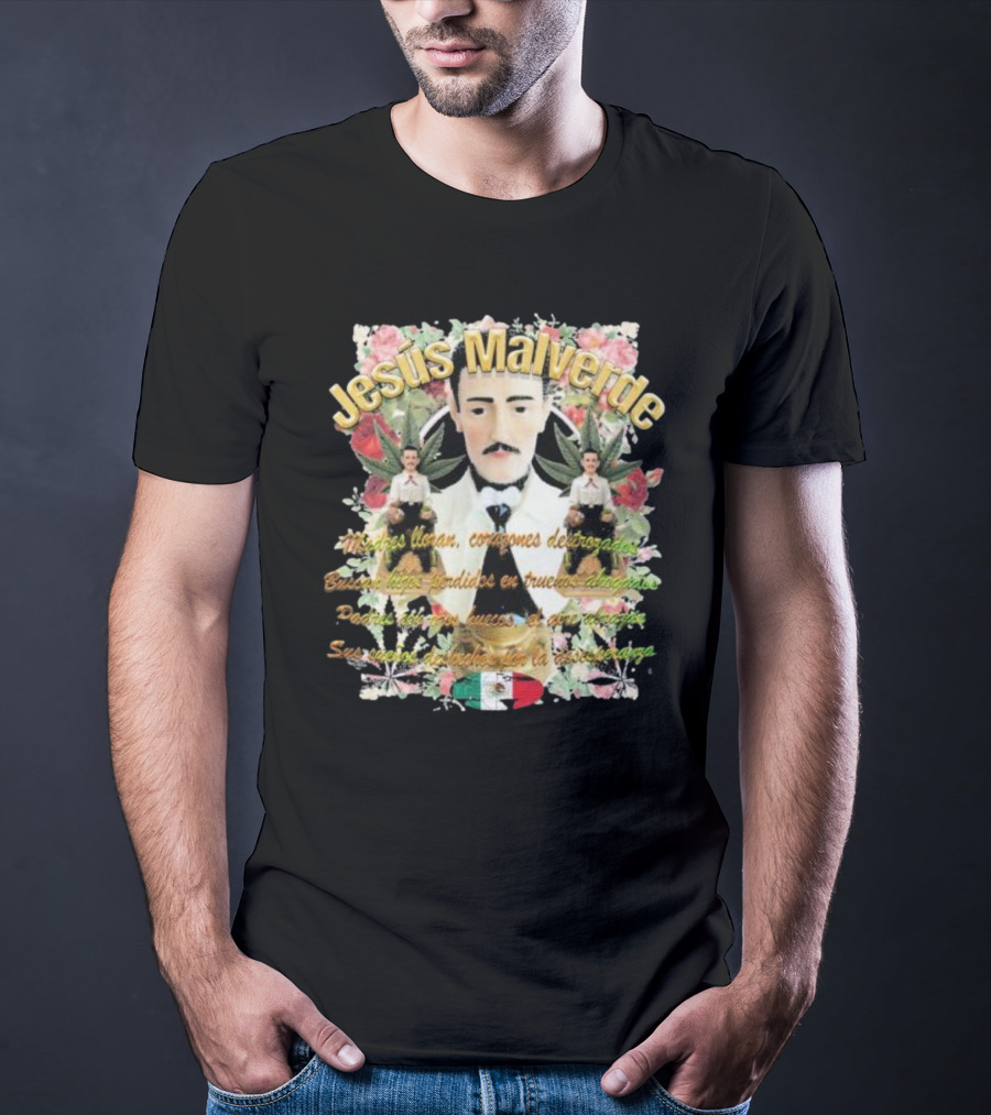 Jesús Malverde Iconic Figure With Flowers And Mexican Flag T-Shirt