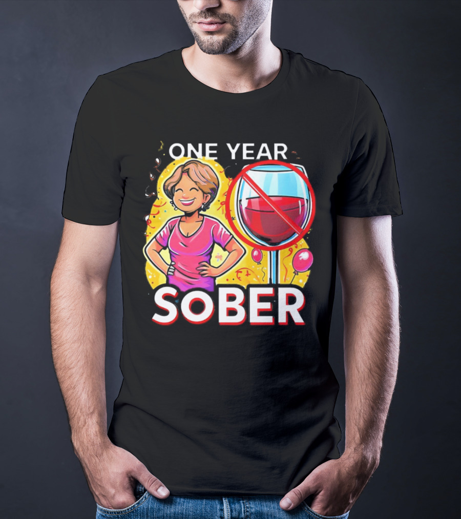 One Year Sober Celebration With Joyful Woman And No Wine T-Shirt