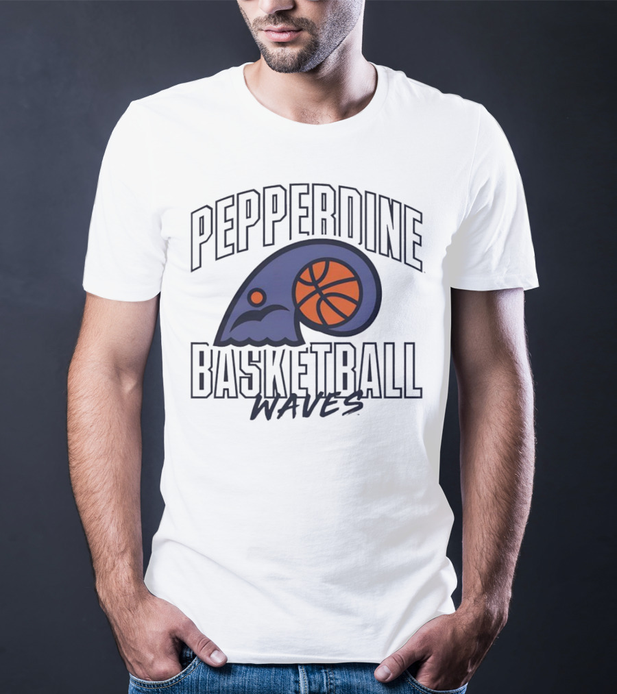 Pepperdine Waves Basketball Logo With Orange Basketball And Wave T-Shirt