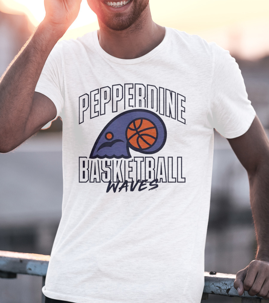 Pepperdine Waves Basketball Logo With Orange Basketball And Wave T-Shirt