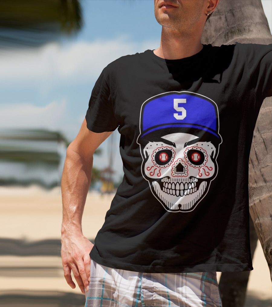 Freddie Freeman Sugar Skull Design Los Angeles Dodgers Number 5 Baseball Cap T-Shirt