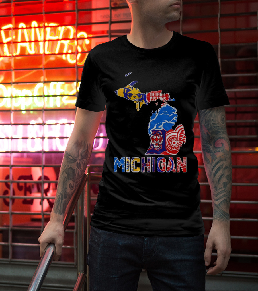 Michigan Sports Teams Logos Map Detroit Pistons Lions Tigers Red Wings T-Shirt