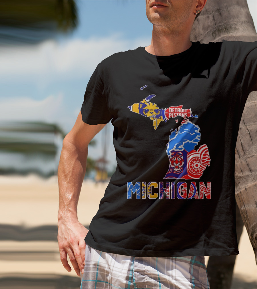 Michigan Sports Teams Logos Map Detroit Pistons Lions Tigers Red Wings T-Shirt