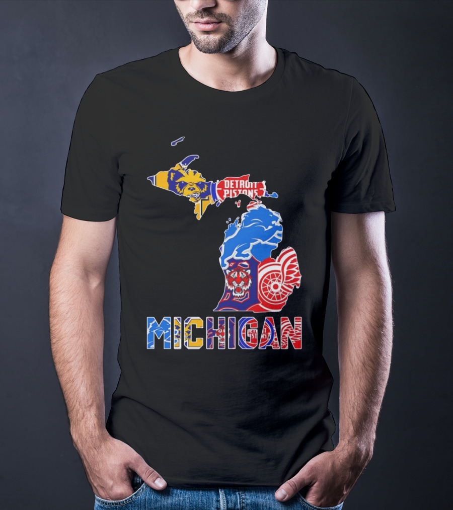 Michigan Sports Teams Logos Map Detroit Pistons Lions Tigers Red Wings T-Shirt