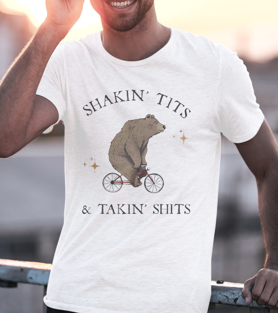 Shakin' Tits Bear Riding Bicycle And Takin' Shits With Stars T-Shirt