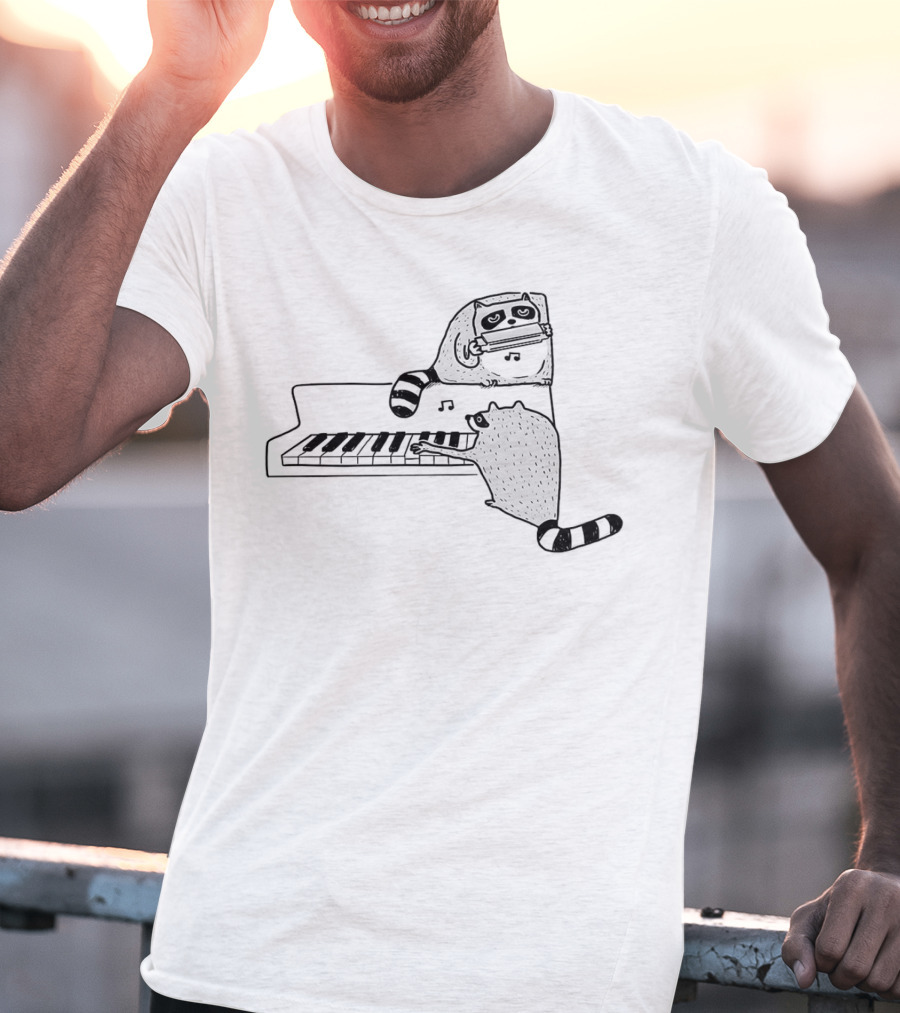 Racoon Playing Piano Nocturnal Musicians With Harmonica Duo T-Shirt