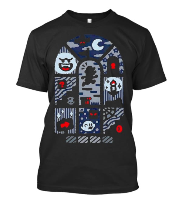 Super Mario World Ghost House Scene Elements Featuring Boo, Skull, And Keyhole T-Shirt
