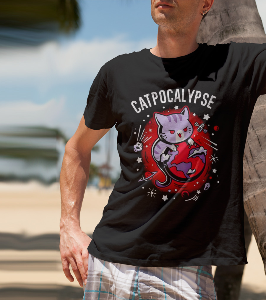 Catpocalypse Cat Battling Earth Amidst Cosmic Chaos T-Shirt