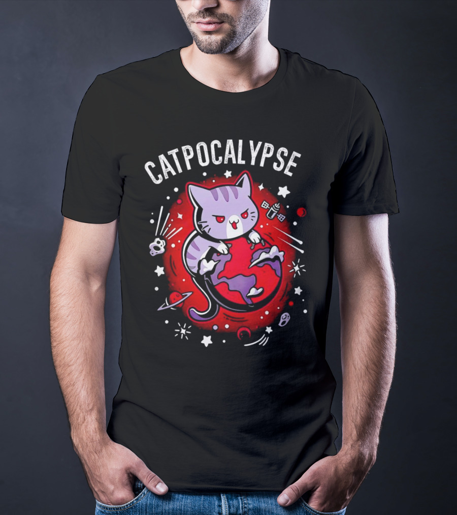 Catpocalypse Cat Battling Earth Amidst Cosmic Chaos T-Shirt