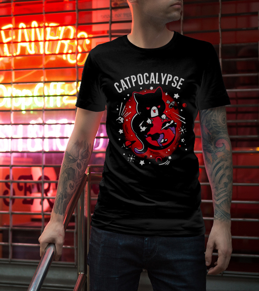 Catpocalypse Red Cat Holding Earth Surrounded By Space Elements T-Shirt