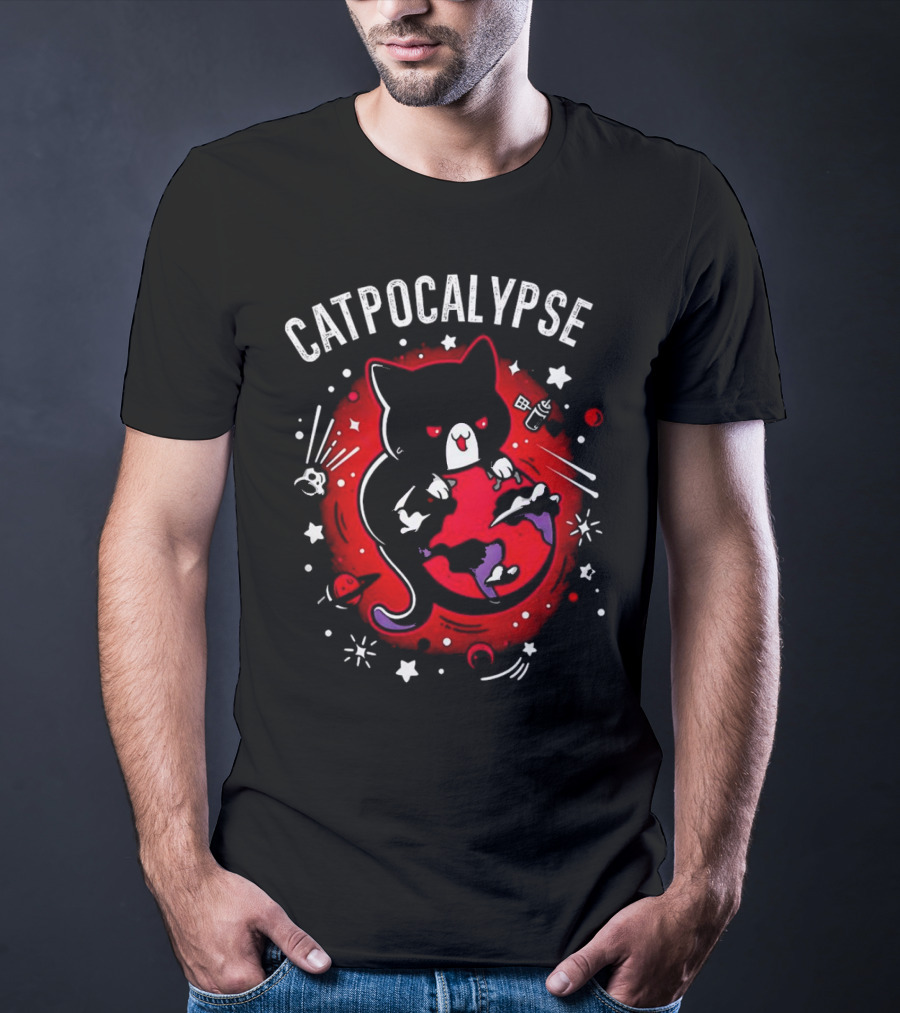 Catpocalypse Red Cat Holding Earth Surrounded By Space Elements T-Shirt
