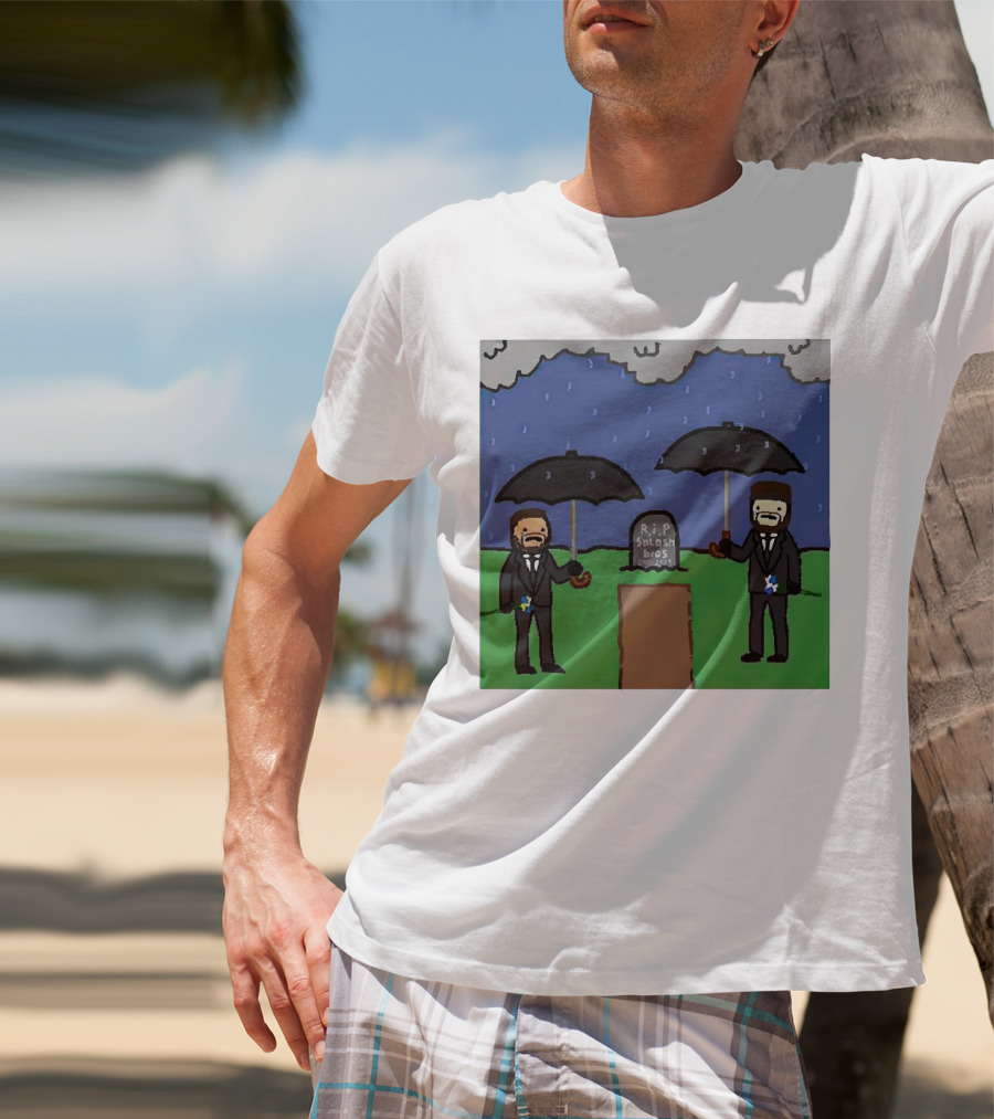 RIP SplashBros Cartoon Memorial With Suited Figures Holding Black Umbrellas T-Shirt