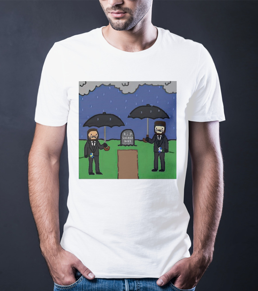 RIP SplashBros Cartoon Memorial With Suited Figures Holding Black Umbrellas T-Shirt