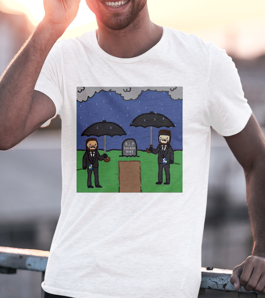 RIP SplashBros Cartoon Memorial With Suited Figures Holding Black Umbrellas T-Shirt