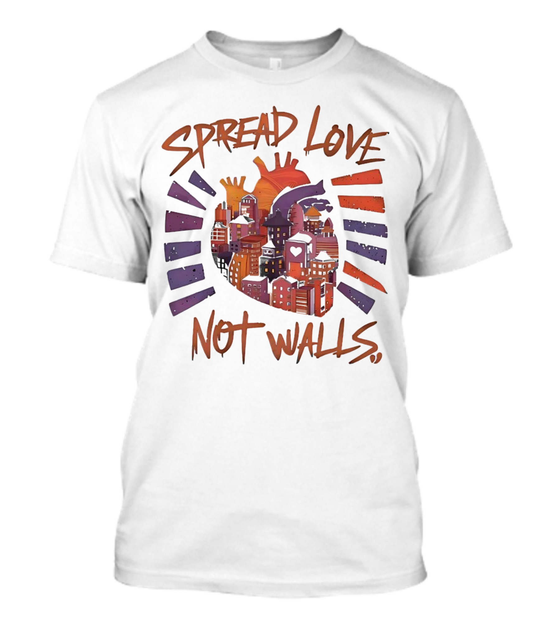 Spread Love Not Walls Cityscape Heart Crown Sunset T-Shirt