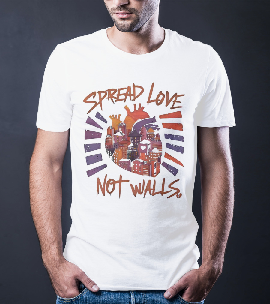 Spread Love Not Walls Cityscape Heart Crown Sunset T-Shirt
