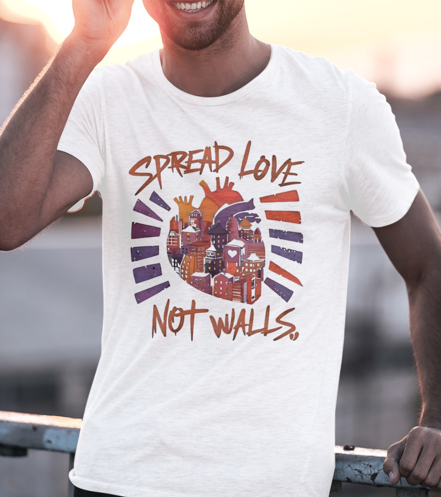 Spread Love Not Walls Cityscape Heart Crown Sunset T-Shirt