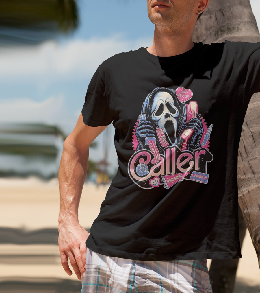 Caller Ghostface Woodsboro Don't Hang Up Pink Telephone Knife T-Shirt