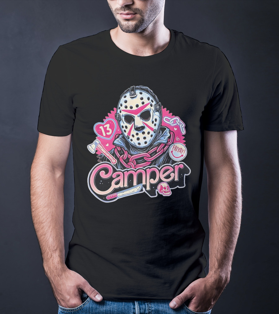 Camper 13 Jason Voorhees Mask And Chains With Ax And Knife Friyay Hearts T-Shirt