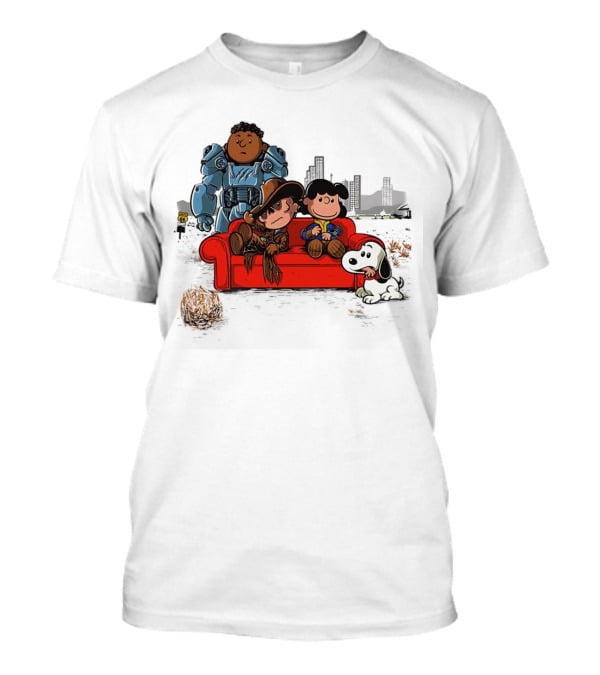 Peanuts Fallout Characters Crossover On Red Couch In Post-Apocalyptic City Scene T-Shirt