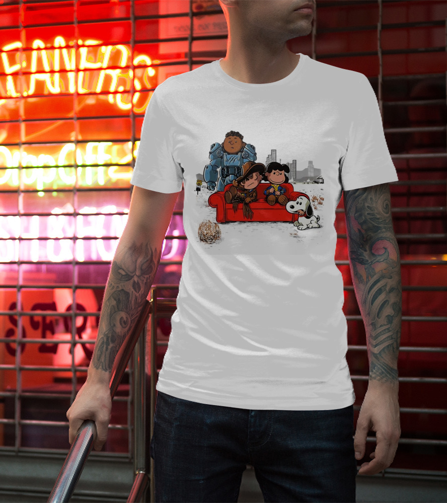 Peanuts Fallout Characters Crossover On Red Couch In Post-Apocalyptic City Scene T-Shirt