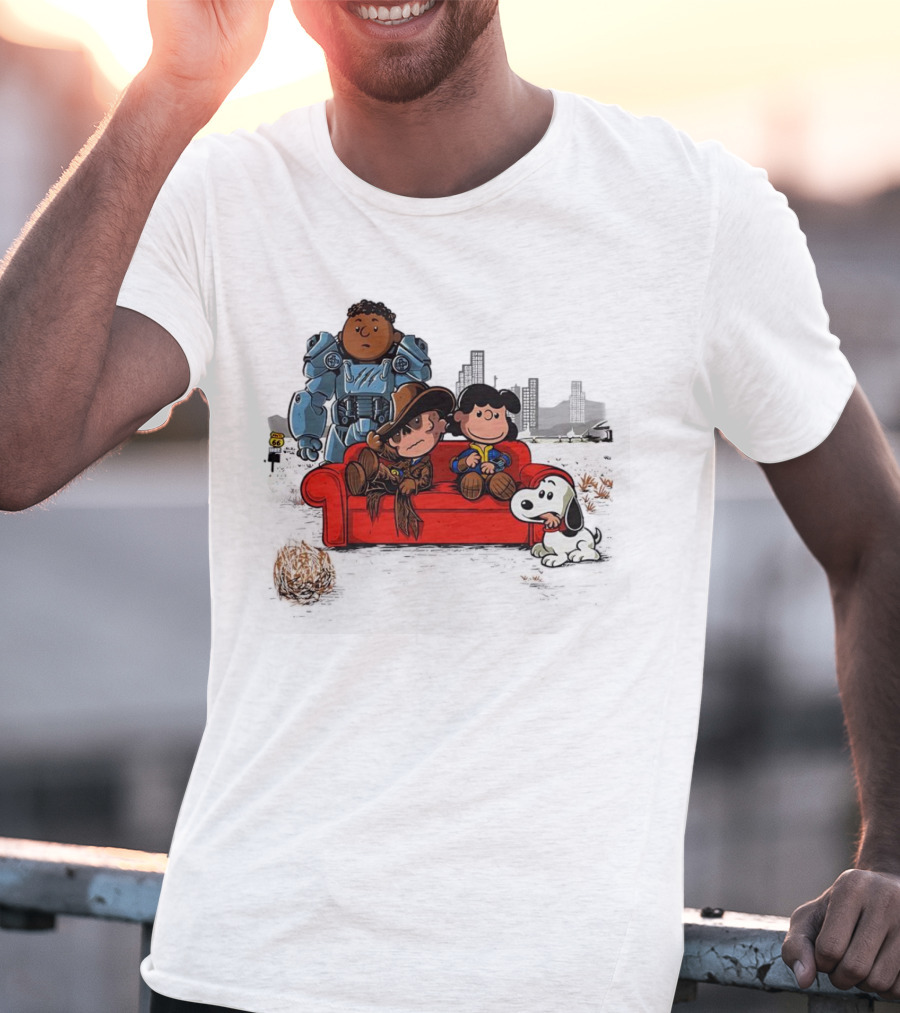 Peanuts Fallout Characters Crossover On Red Couch In Post-Apocalyptic City Scene T-Shirt