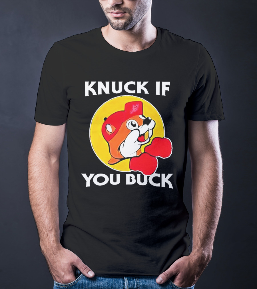 Knuck If You Buck Buc Ees Logo Red Cap Yellow Circle Boxing Gloves T-Shirt