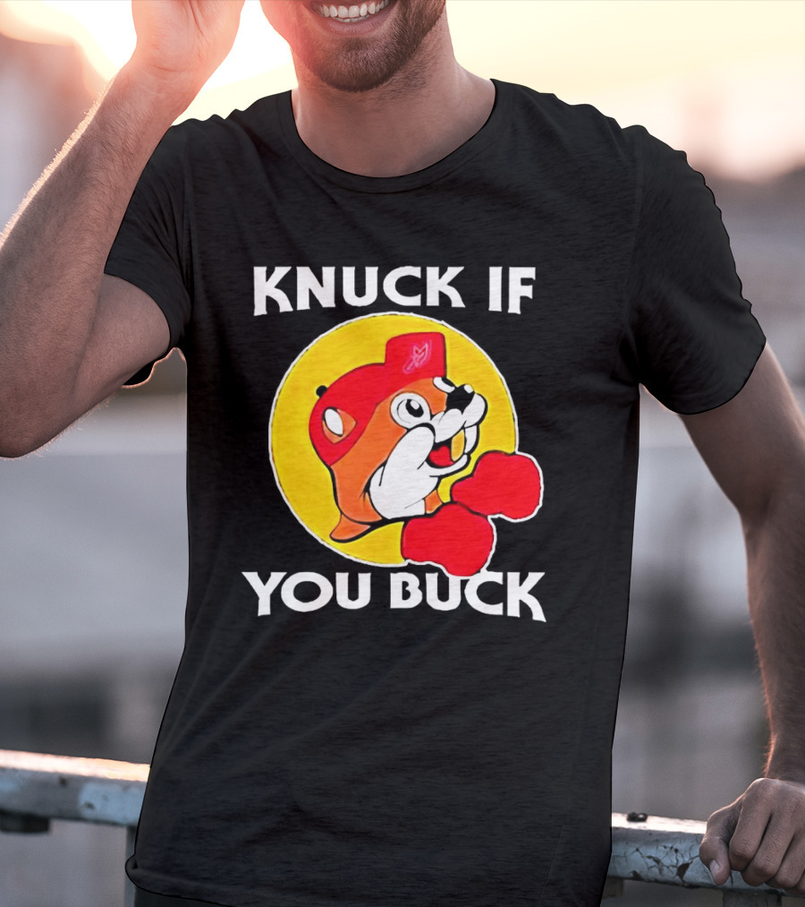 Knuck If You Buck Buc Ees Logo Red Cap Yellow Circle Boxing Gloves T-Shirt
