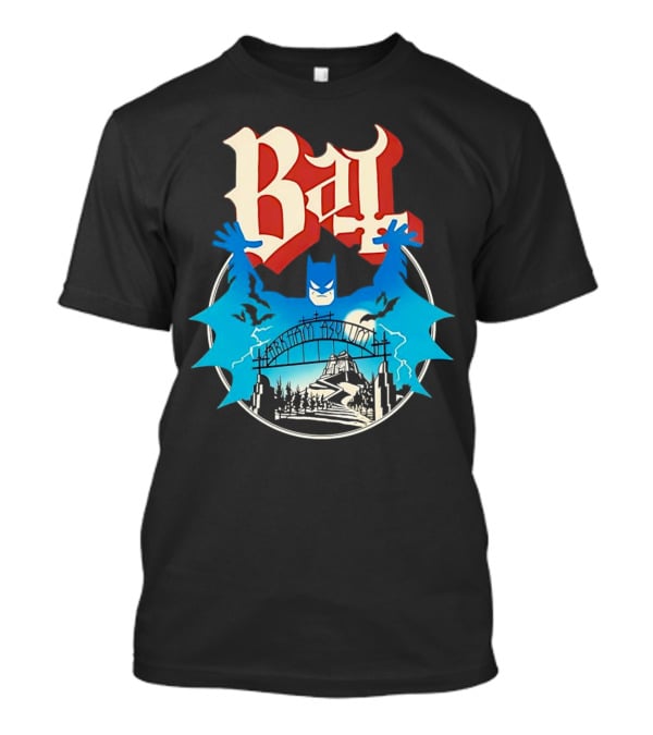 Bat Gotham Asylum Blue Bat Symbol And Red Gothic Font T-Shirt