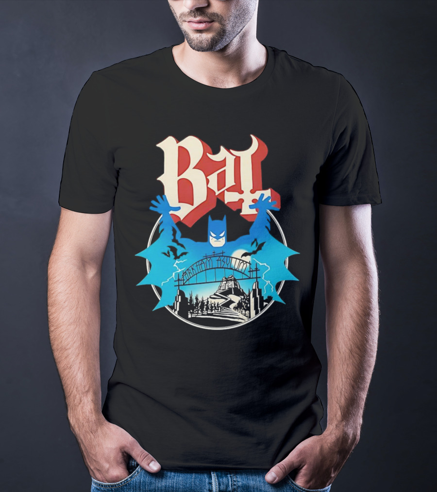 Bat Gotham Asylum Blue Bat Symbol And Red Gothic Font T-Shirt