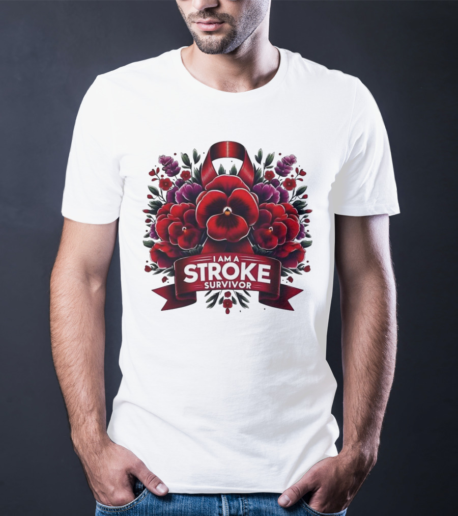 I Am A Stroke Survivor Red Ribbon And Floral Bouquet T-Shirt