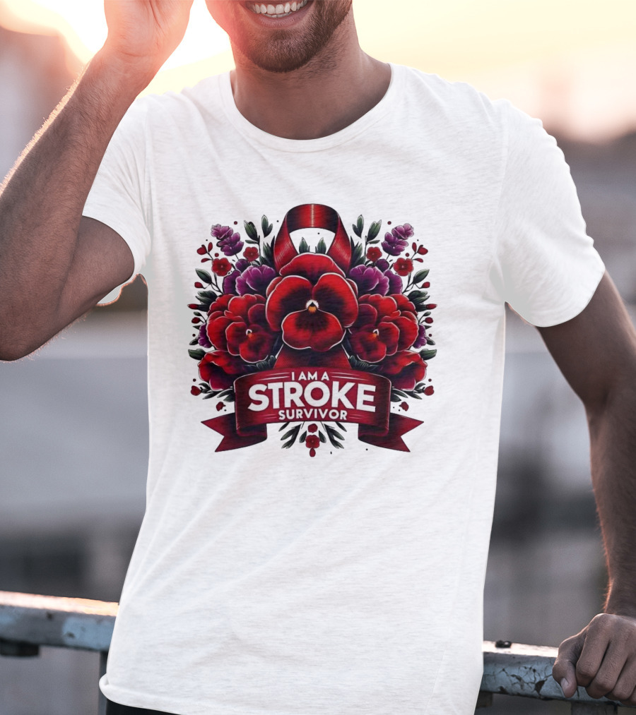 I Am A Stroke Survivor Red Ribbon And Floral Bouquet T-Shirt