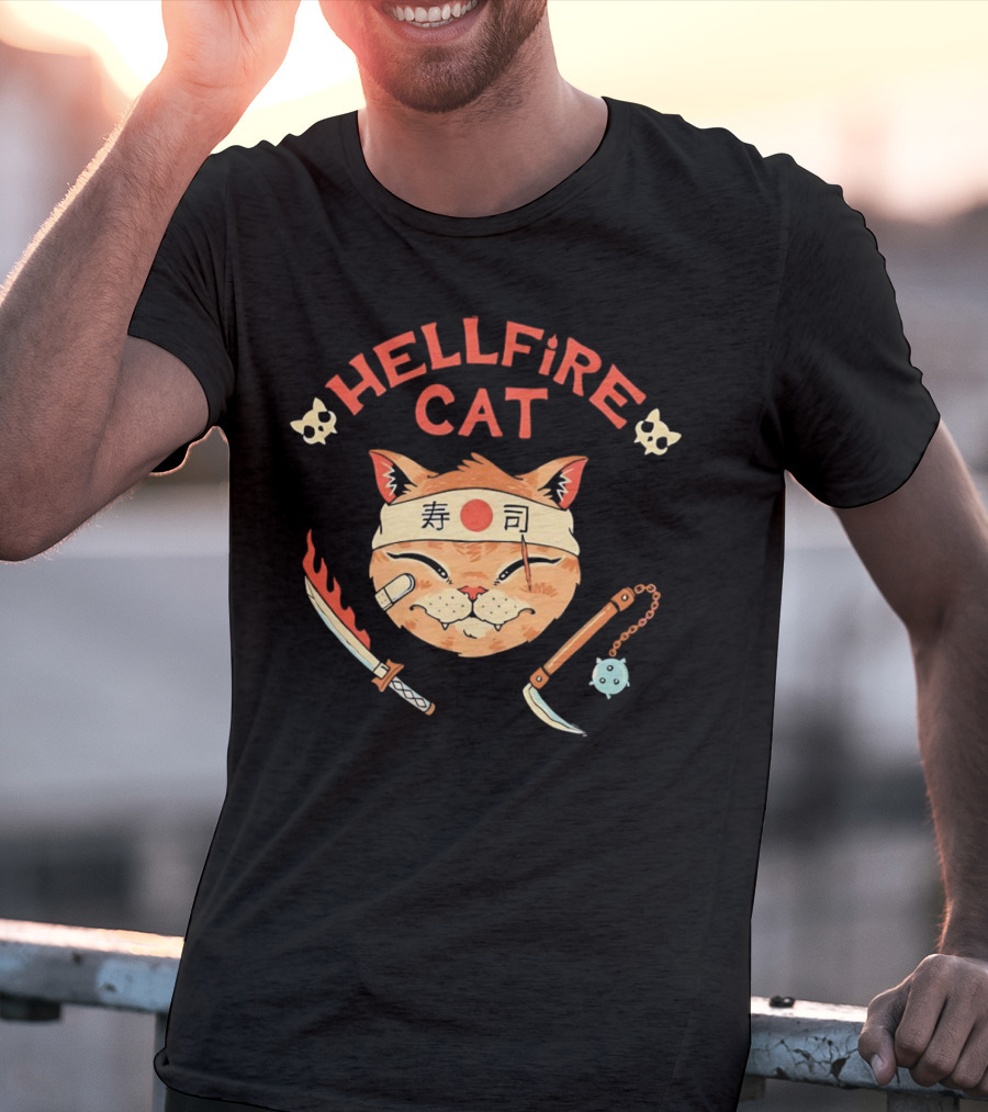 Hellfire Cat Sushi Samurai With Nunchaku And Flaming Sword T-Shirt