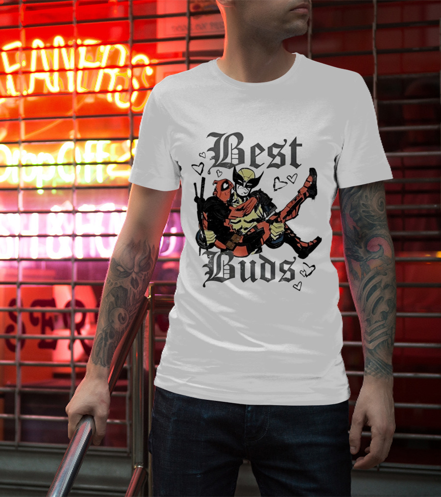 Best Buds Wolverine Carrying Deadpool With Hearts T-Shirt