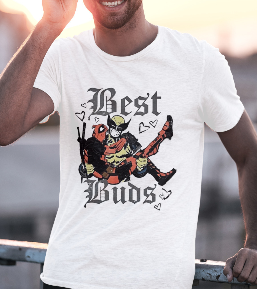 Best Buds Wolverine Carrying Deadpool With Hearts T-Shirt