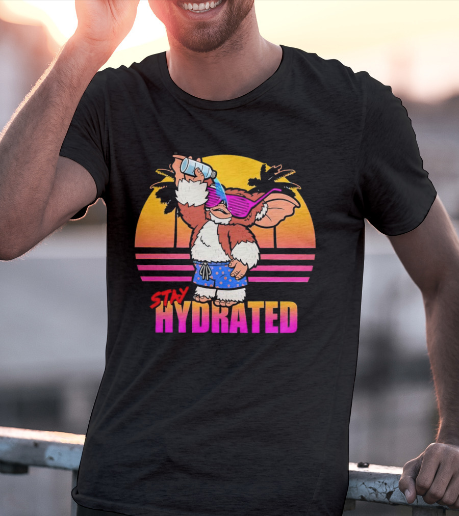 Stay Hydrated Gizmo Summer Beach Vibes With Sunset And Palm Trees T-Shirt