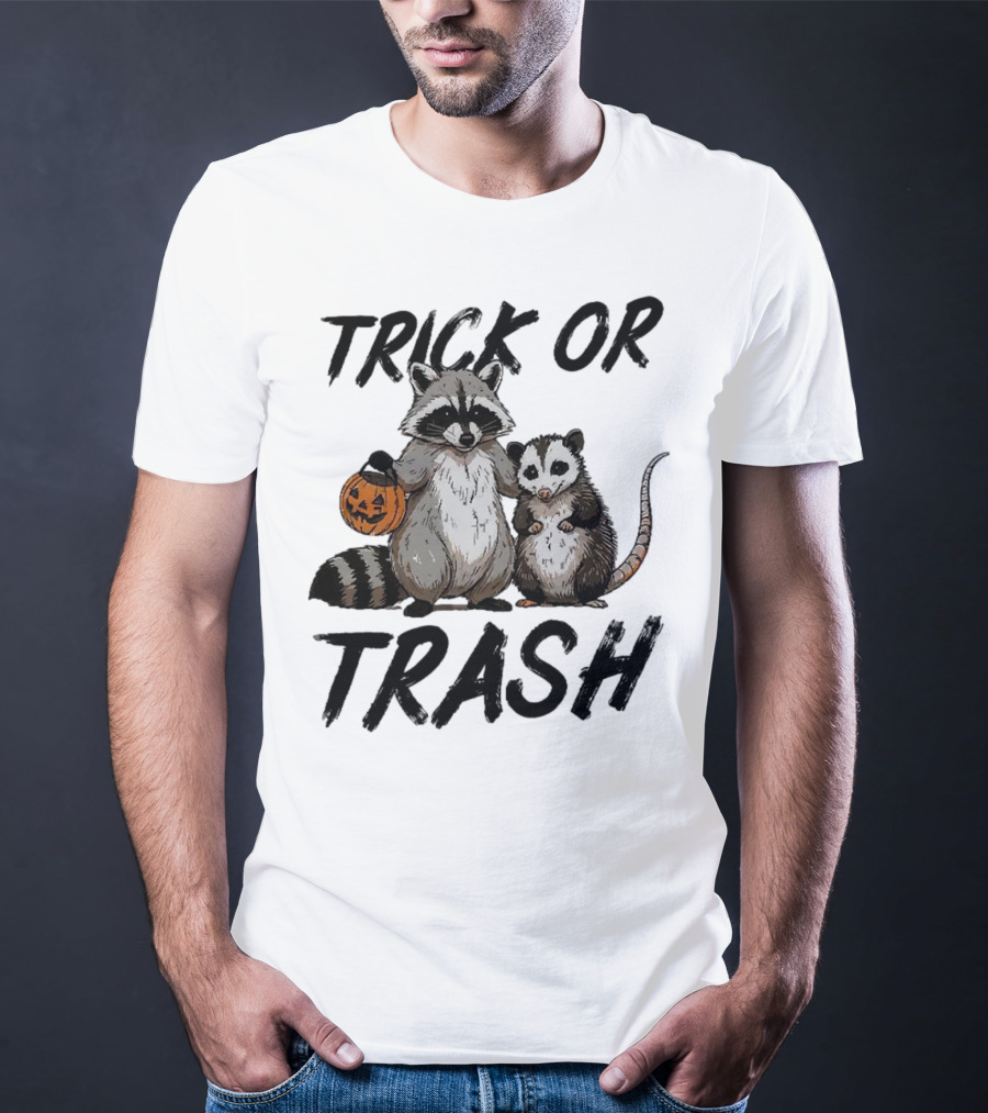 Trick Or Trash Halloween Raccoon With Pumpkin T-Shirt